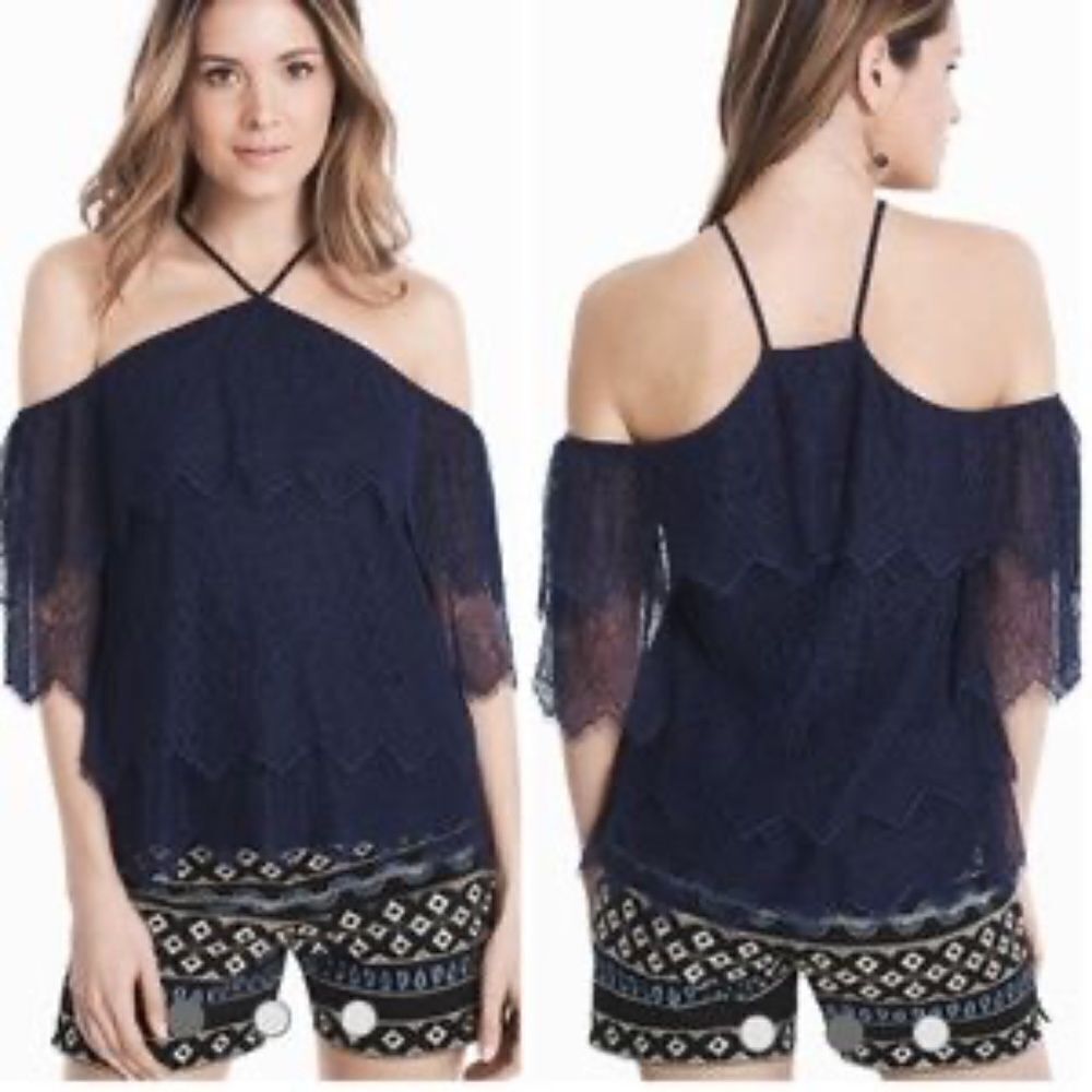 White House Black Market Halter Cold Shoulder Lace Navy Top Blouse XS